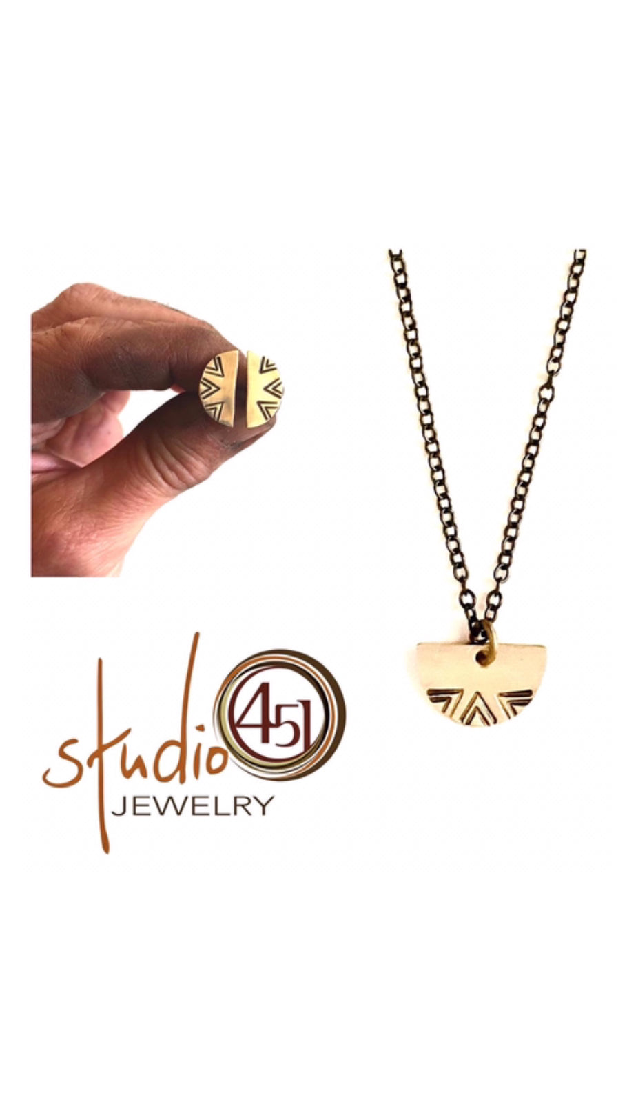 Small Half Moon Necklace + Earrings with Three Chevrons, Brass