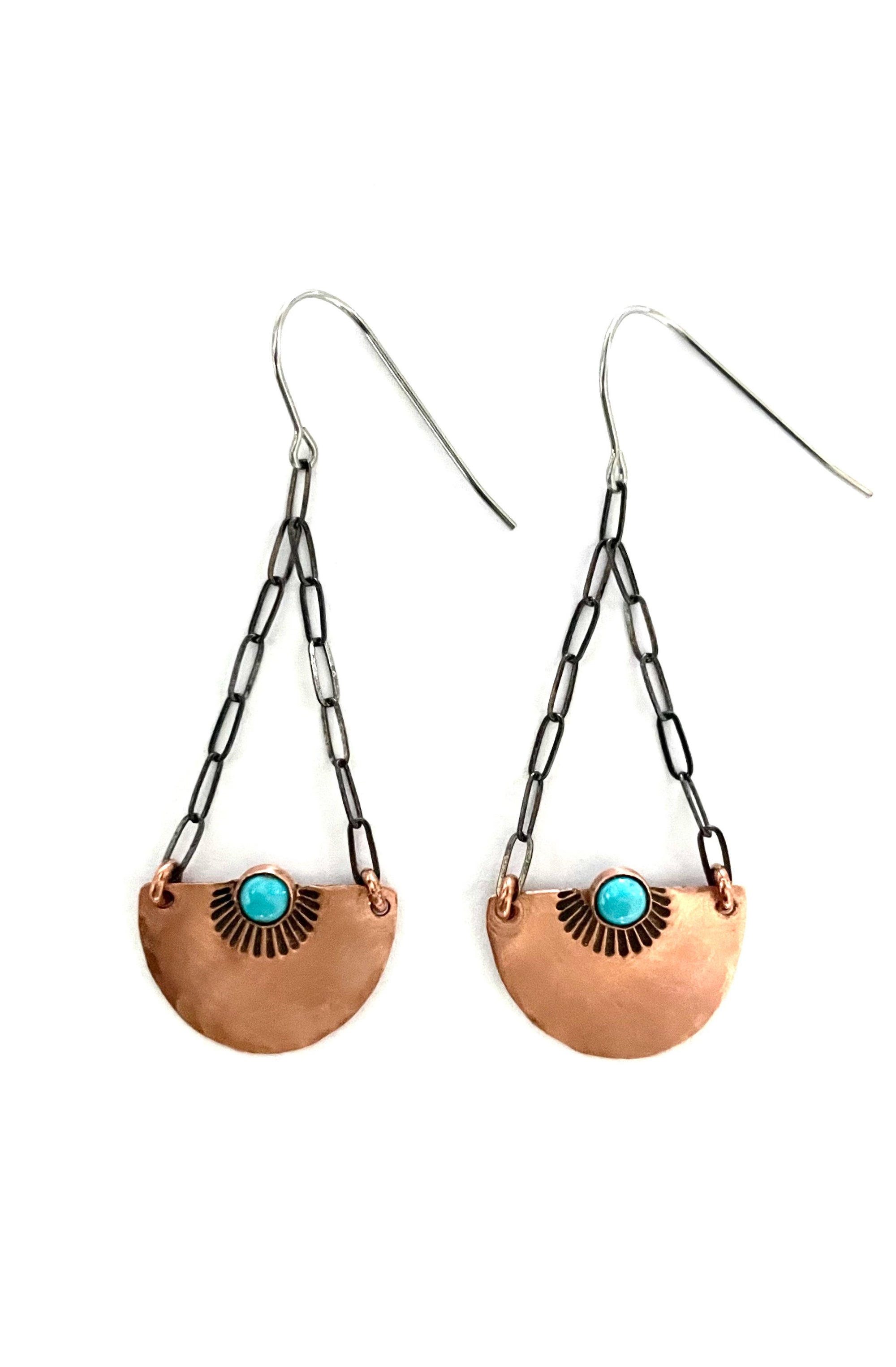 Turquoise Half Moon Crescent and Chain Earrings, Copper