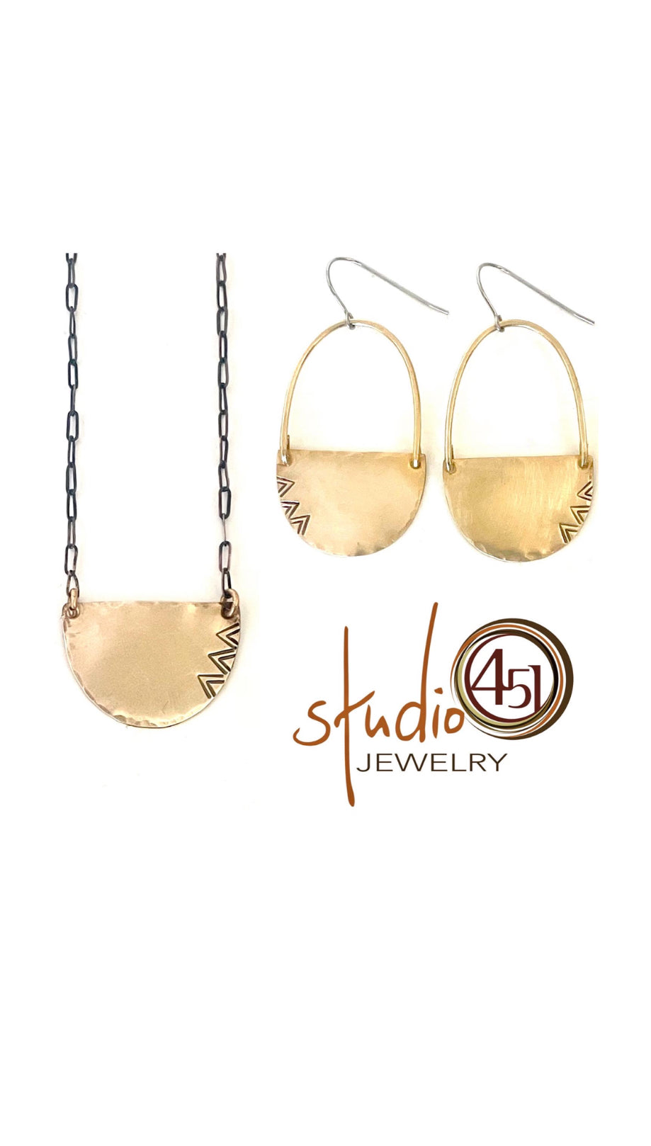 Half Moon and Wire with Chevrons Earrings + Necklace, Brass