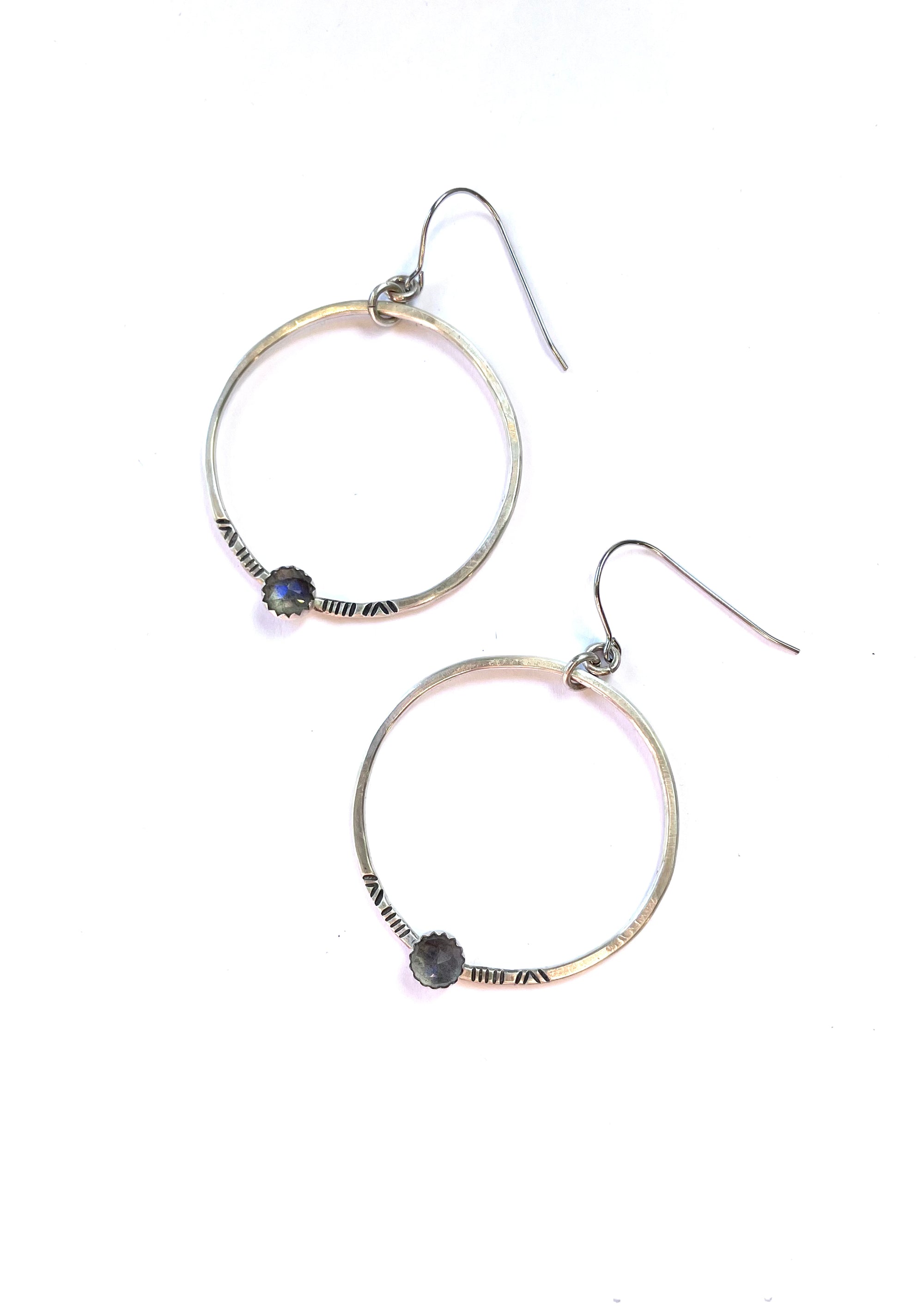Labradorite Line and Chevron Silver Circle Earrings