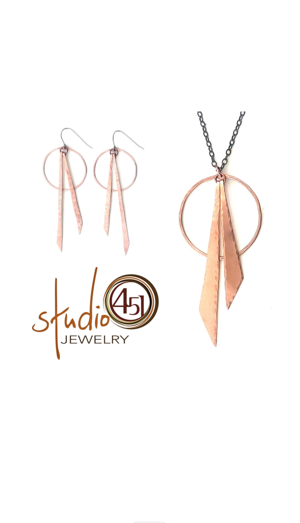 Circle and Slender Triangle Necklace + Earrings, Copper